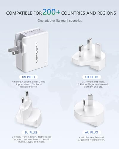 Lencent 22W 4-Port USB Travel Charger, Universal for iPhone & iPad (UK, US, EU, AU)