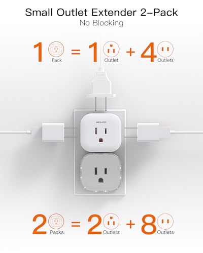 Cruise Essentials 2 Pack Multi Plug Outlet Extender, 5 Wall Outlets Surge Protector-Free