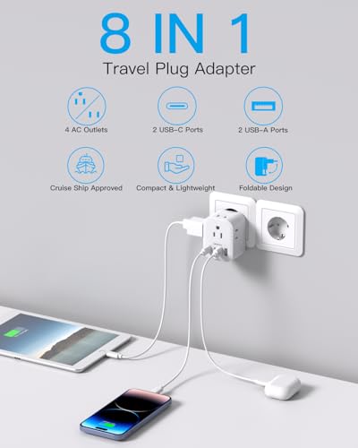 2 Pack HANYCONY Travel Adapter, 4 Outlets 4 USB C Ports for US to Europe (Italy, Spain, Greece, Portugal, France, German