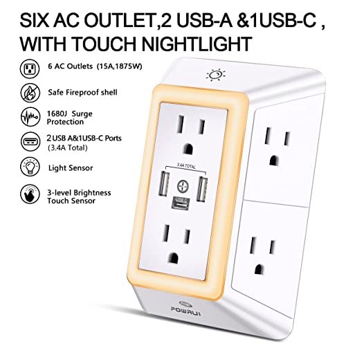 Powrui 6-Outlet Surge Protector with 3 USB Ports (1 USB C) and Night Light - White