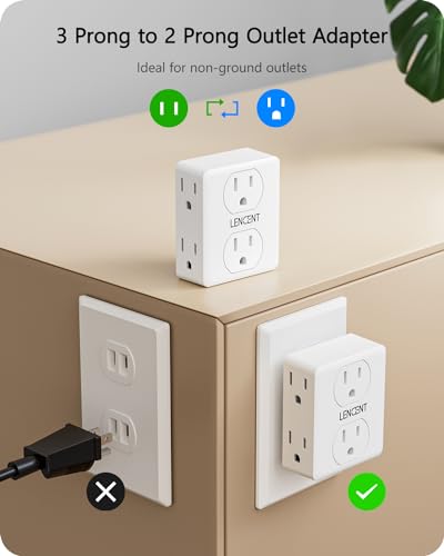 2-3 Prong Outlet Adapter, 6 Spaced Outlets, 3-Sided Plug Splitter, Non-Grounded Old Houses, Hotels, Dorms, Travelers, St