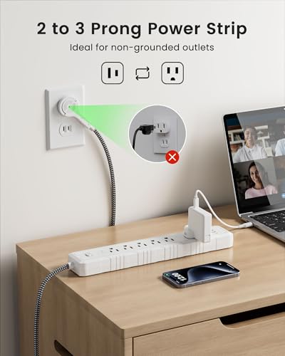 2-Prong Power Strip with Surge Protection, 6ft Cord for Non-Grounded Outlets