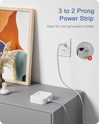 2-Prong Power Strip with 3 Outlets & USB Ports for Non-Grounded Outlets