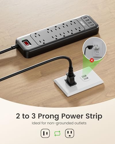 2-Prong Power Strip with Surge Protector & USB Ports for Non-Grounded Outlets