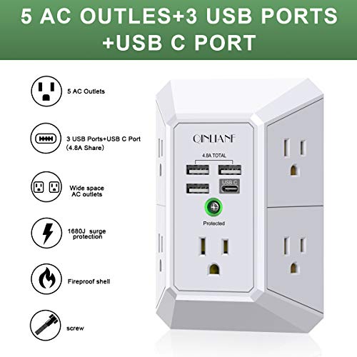 QINLIANF 5-Outlet Extender with 4 USB Ports Surge Protector Wall Charger