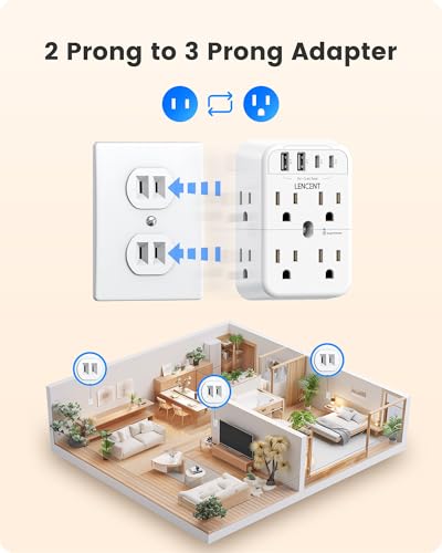 Lencent 2-Prong Power Strip with 3 to 2 Prong Adapter, 2 Type-C & 2 USB Ports, Surge Protector