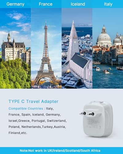 VINTAR 2 Pack Travel Adapter, 4 in 1 Power Plug, 2 USB Ports for Italy, Greece, France, Spain (Type C)