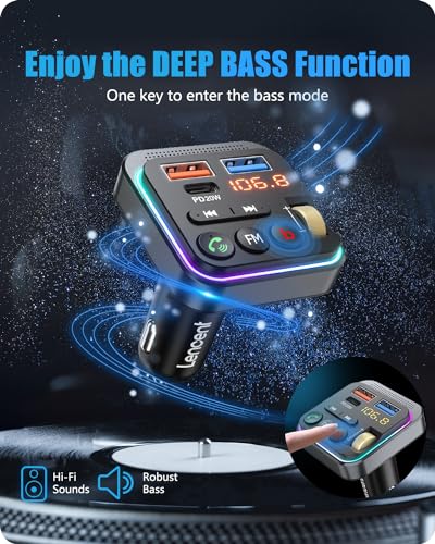 Lencent Bluetooth 5.0 FM Transmitter Car Charger with Hi-Fi Sound & Wireless Mic