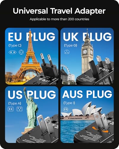 Lencent Universal Travel Power Adapter, 2 USB-C & 2 USB-A Ports, US to EU UK Ireland Australia (Type C/G/A/I), Black